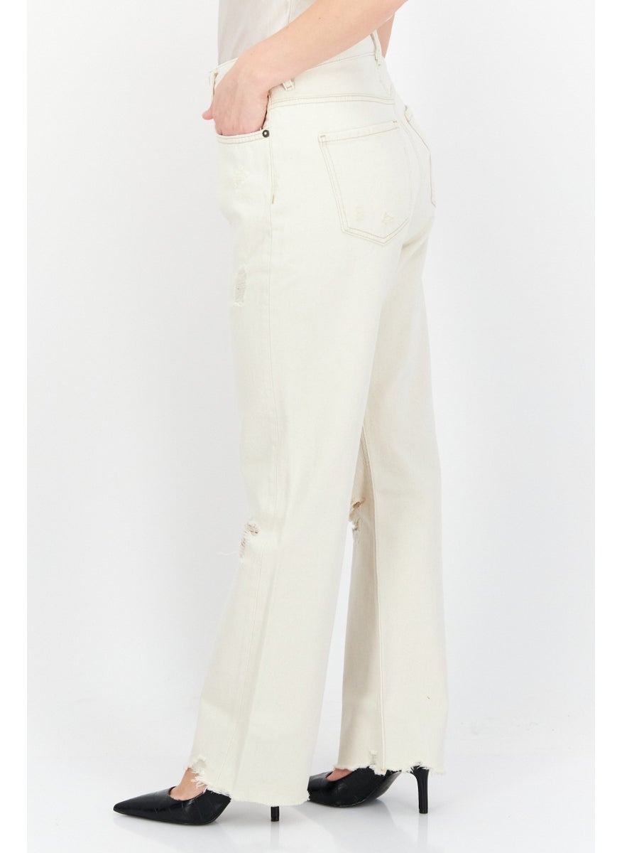 Women Straight Ripped Non-Stretchable Jeans, Cream