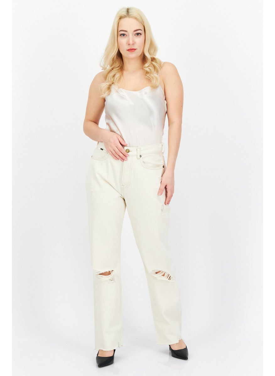 Women Straight Ripped Non-Stretchable Jeans, Cream
