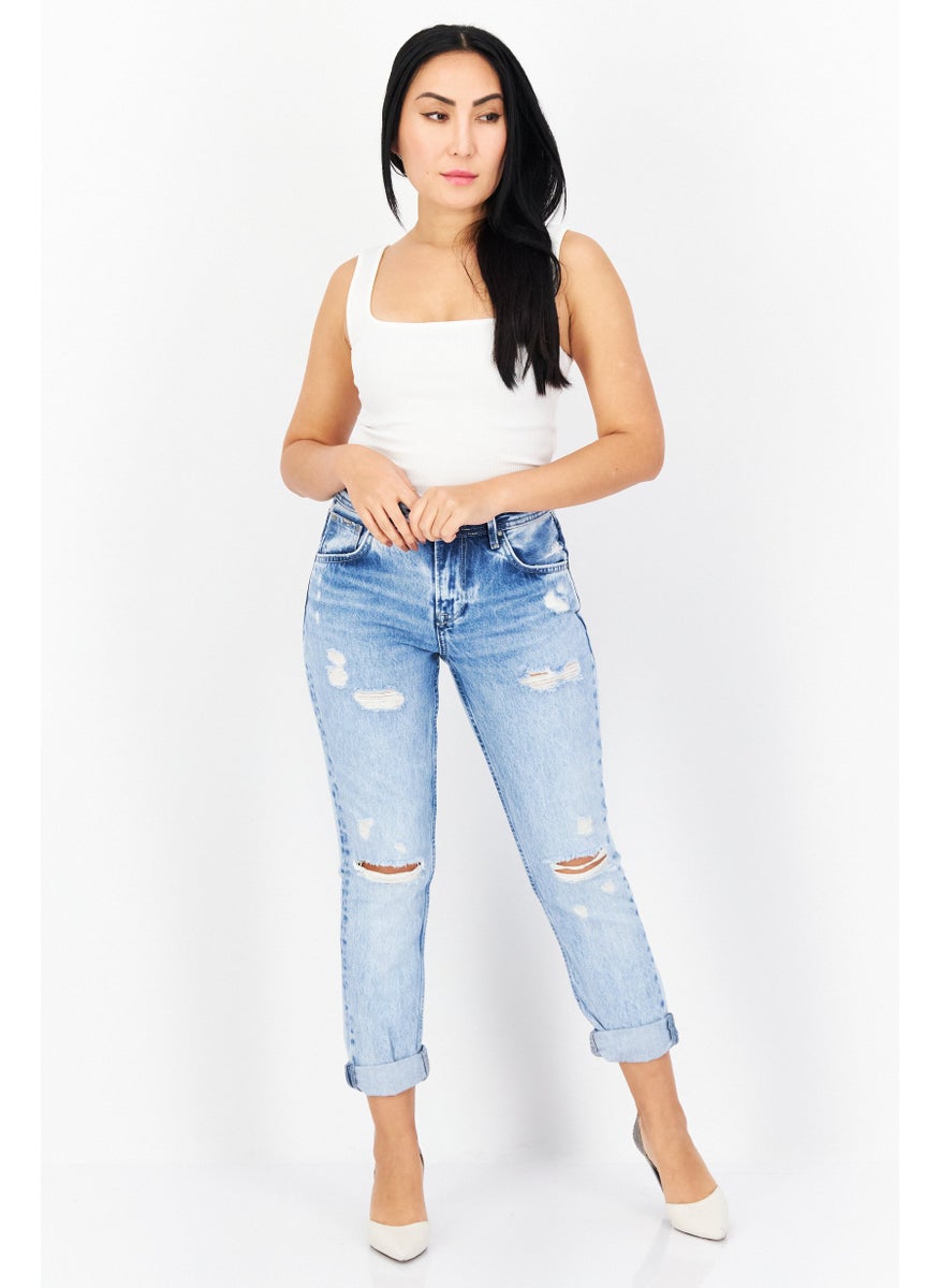 Women Mom Fit Washed Non-Stretchable Regular Denim Jeans, Blue