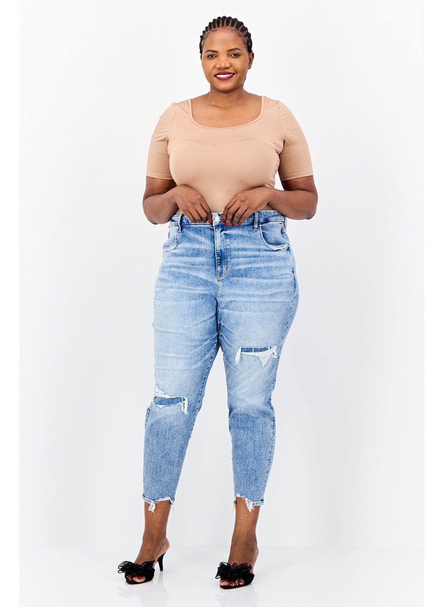 Women Curvy Fit Rip Stretchable Jeans, Light Blue