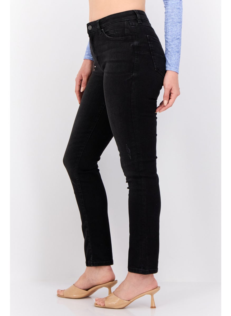 Women Straight Fit Washed Stretchable Jeans, Black