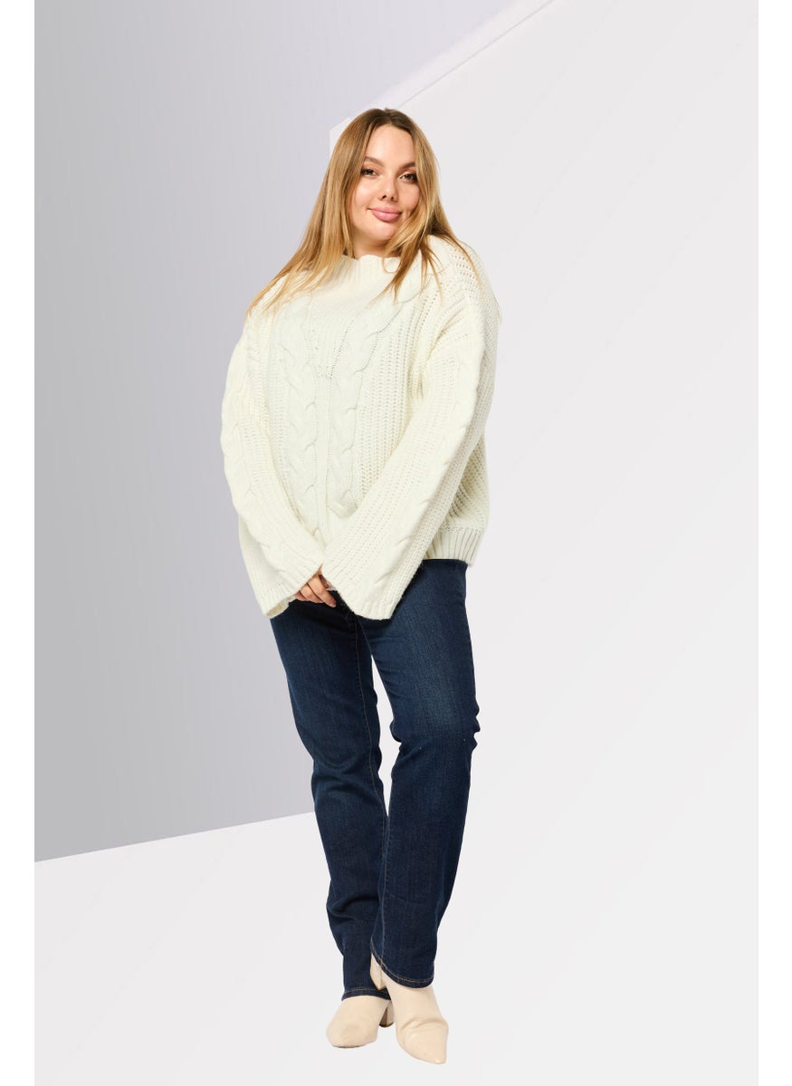 Women Mock Neck Knitted Sweater, Ivory