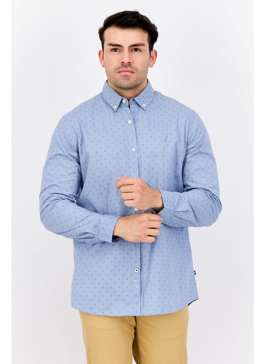Men Slim Fit Allover Print Long Sleeve Casual Shirt, Light Blue