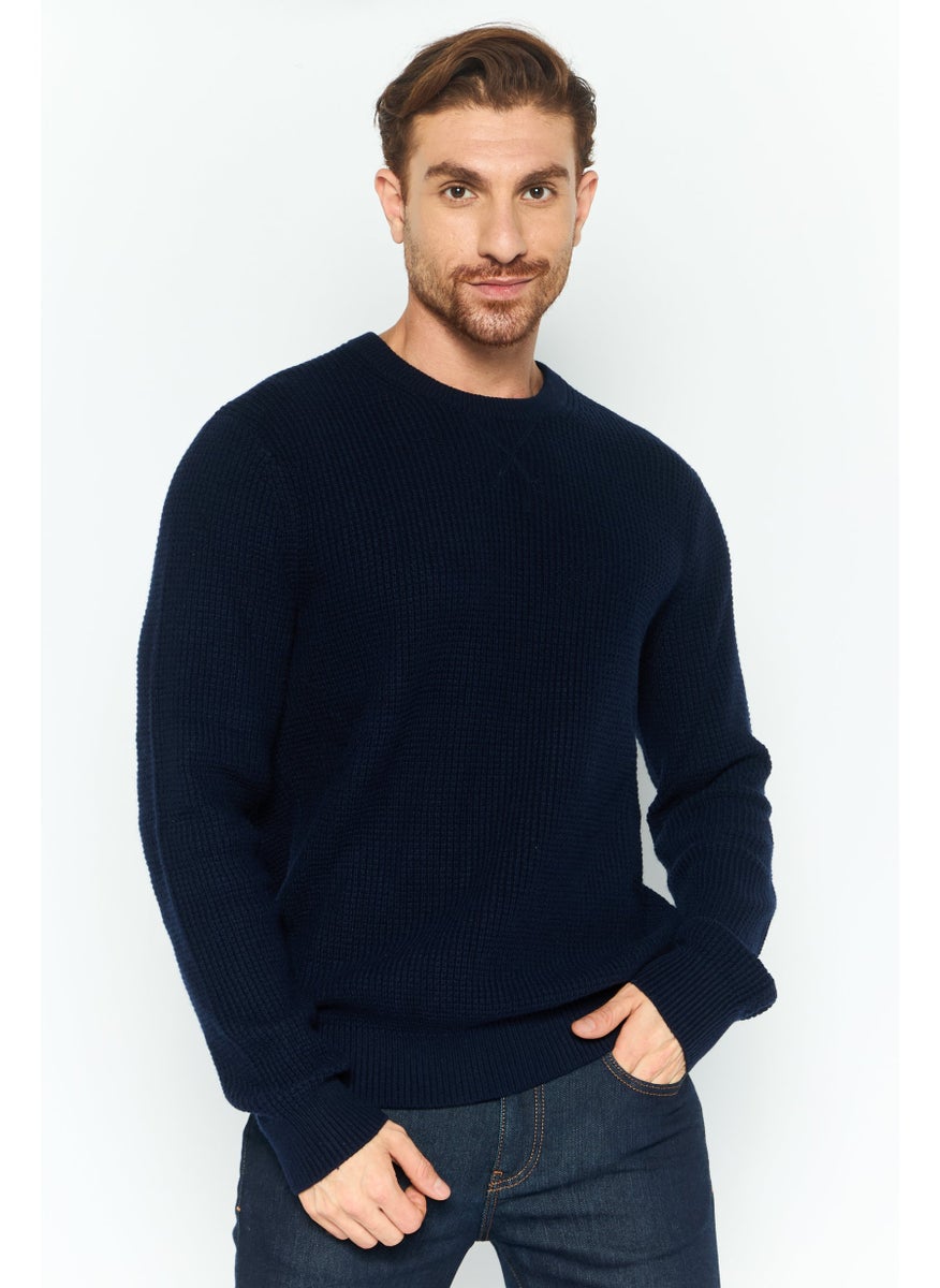 Men Crew Neck Textured Long Sleeves Sweatshirt, Dark Navy