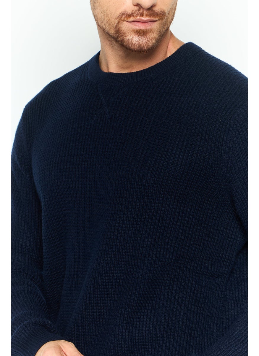 Men Crew Neck Textured Long Sleeves Sweatshirt, Dark Navy