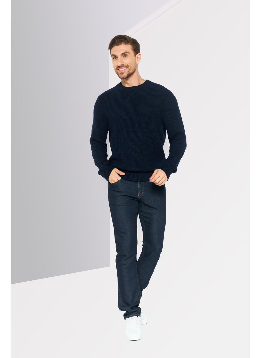 Men Crew Neck Textured Long Sleeves Sweatshirt, Dark Navy