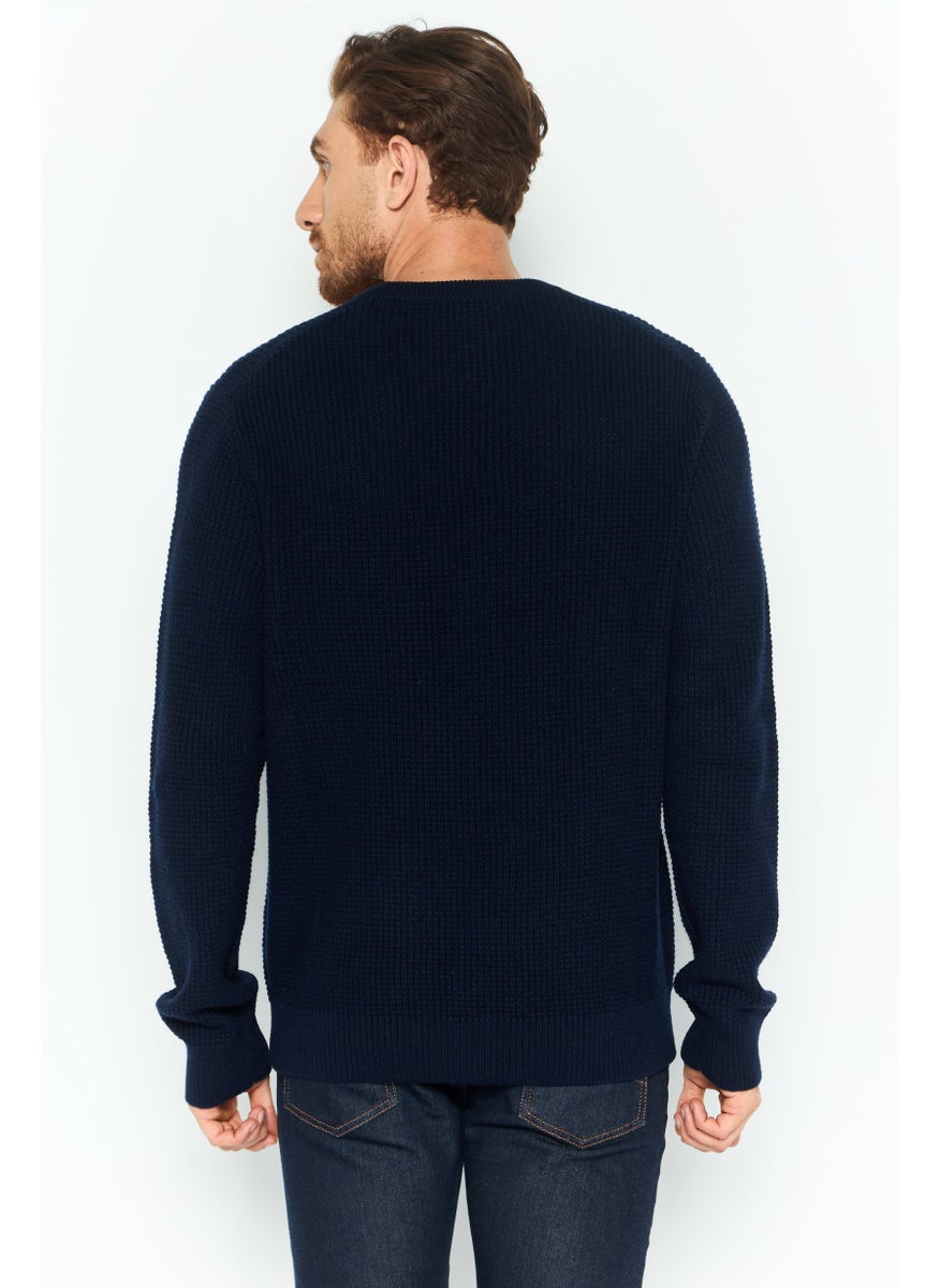 Men Crew Neck Textured Long Sleeves Sweatshirt, Dark Navy