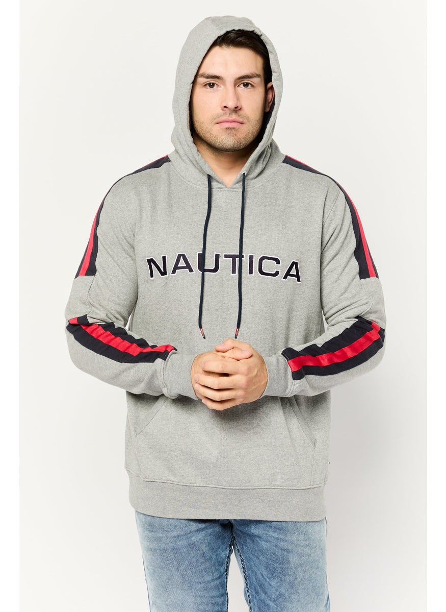 Men Hooded Embroidered Logo Long Sleeve Sweatshirt, Grey/Navy