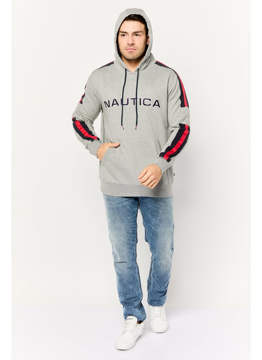 Men Hooded Embroidered Logo Long Sleeve Sweatshirt, Grey/Navy