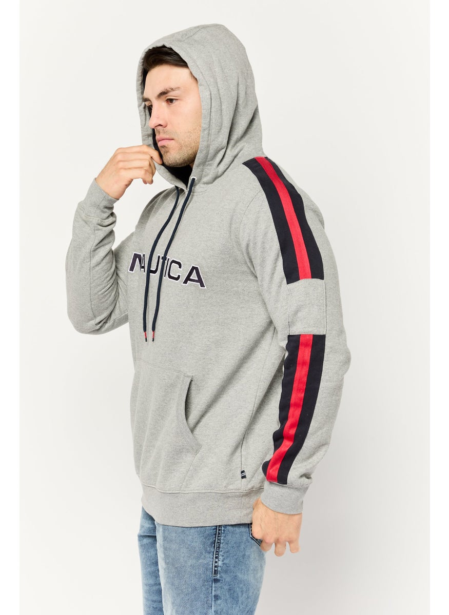 Men Hooded Embroidered Logo Long Sleeve Sweatshirt, Grey/Navy