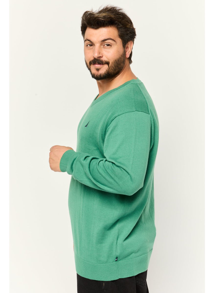 Men V-Neck Solid Long Sleeves Sweater, Green