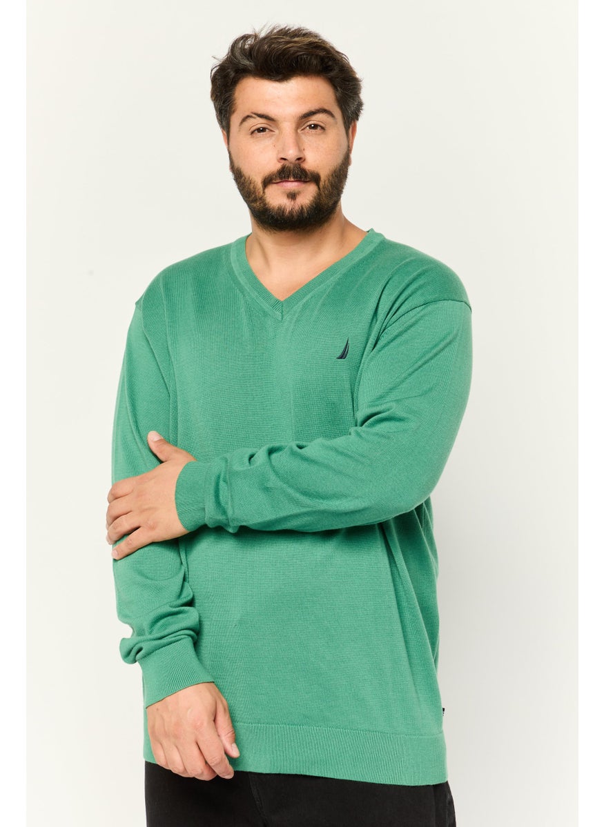 Men V-Neck Solid Long Sleeves Sweater, Green
