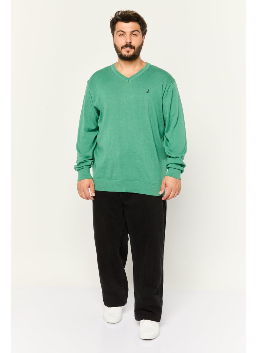 Men V-Neck Solid Long Sleeves Sweater, Green
