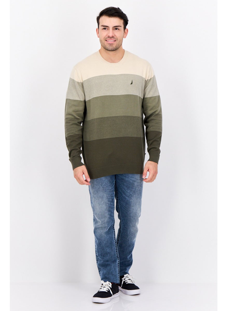 Men Crew Neck Colorblock Logo Sweater, Beige/Olive