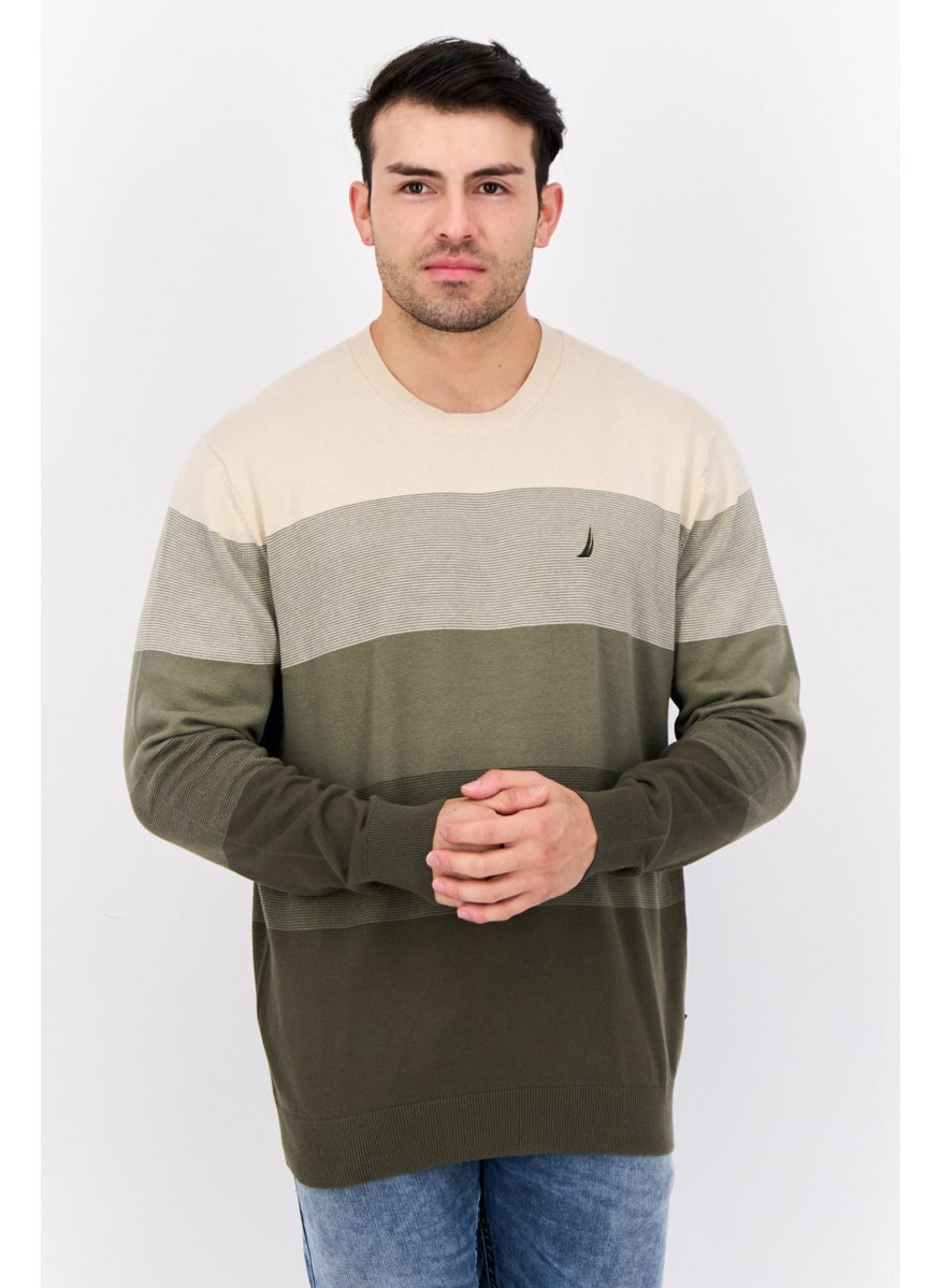 Men Crew Neck Colorblock Logo Sweater, Beige/Olive