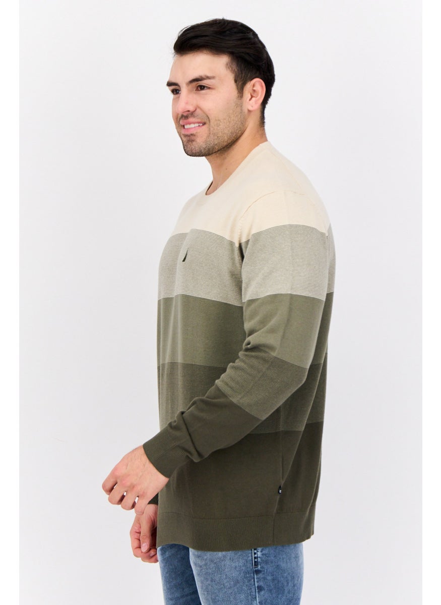 Men Crew Neck Colorblock Logo Sweater, Beige/Olive
