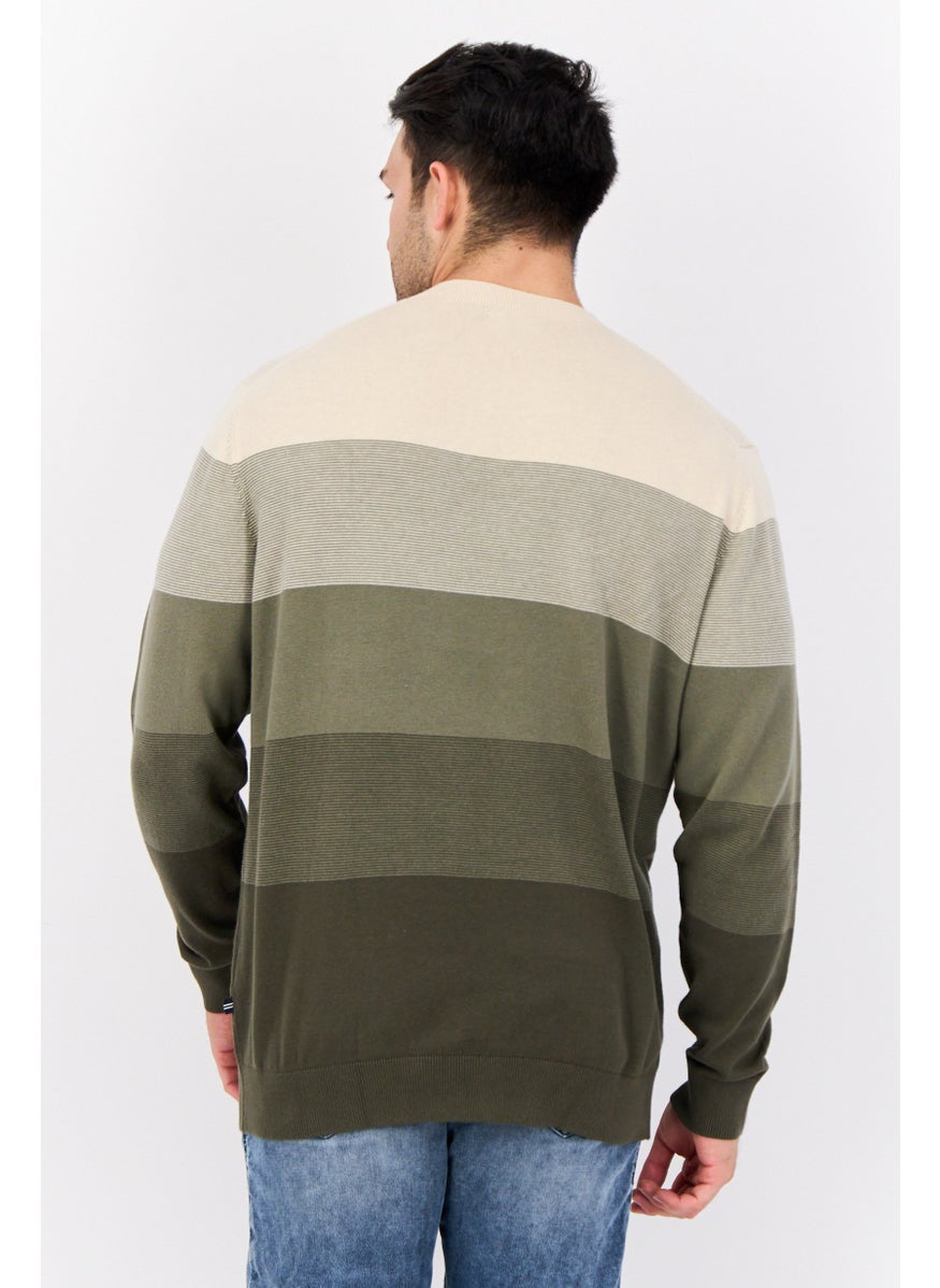 Men Crew Neck Colorblock Logo Sweater, Beige/Olive