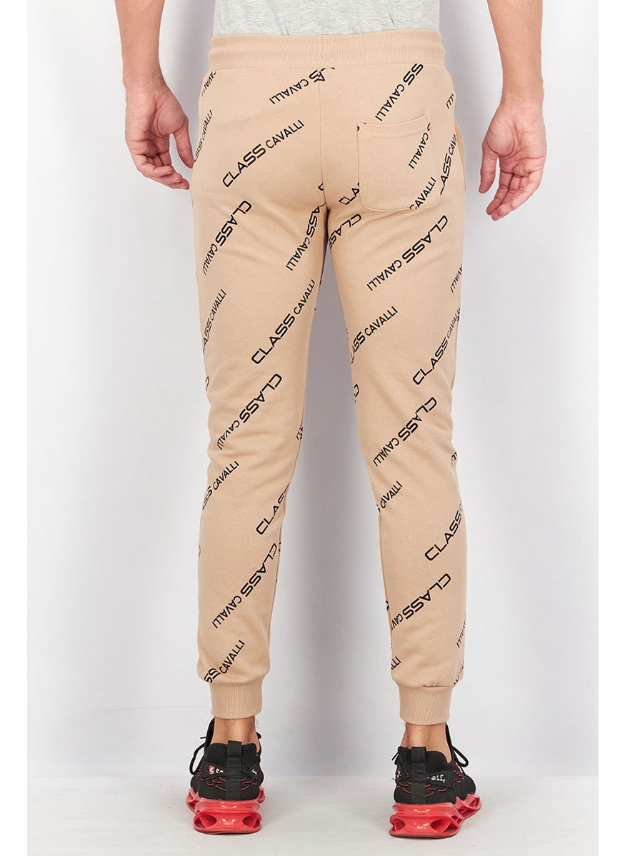 Men Regular Fit Drawstring Brand Logo Pants, Coffee