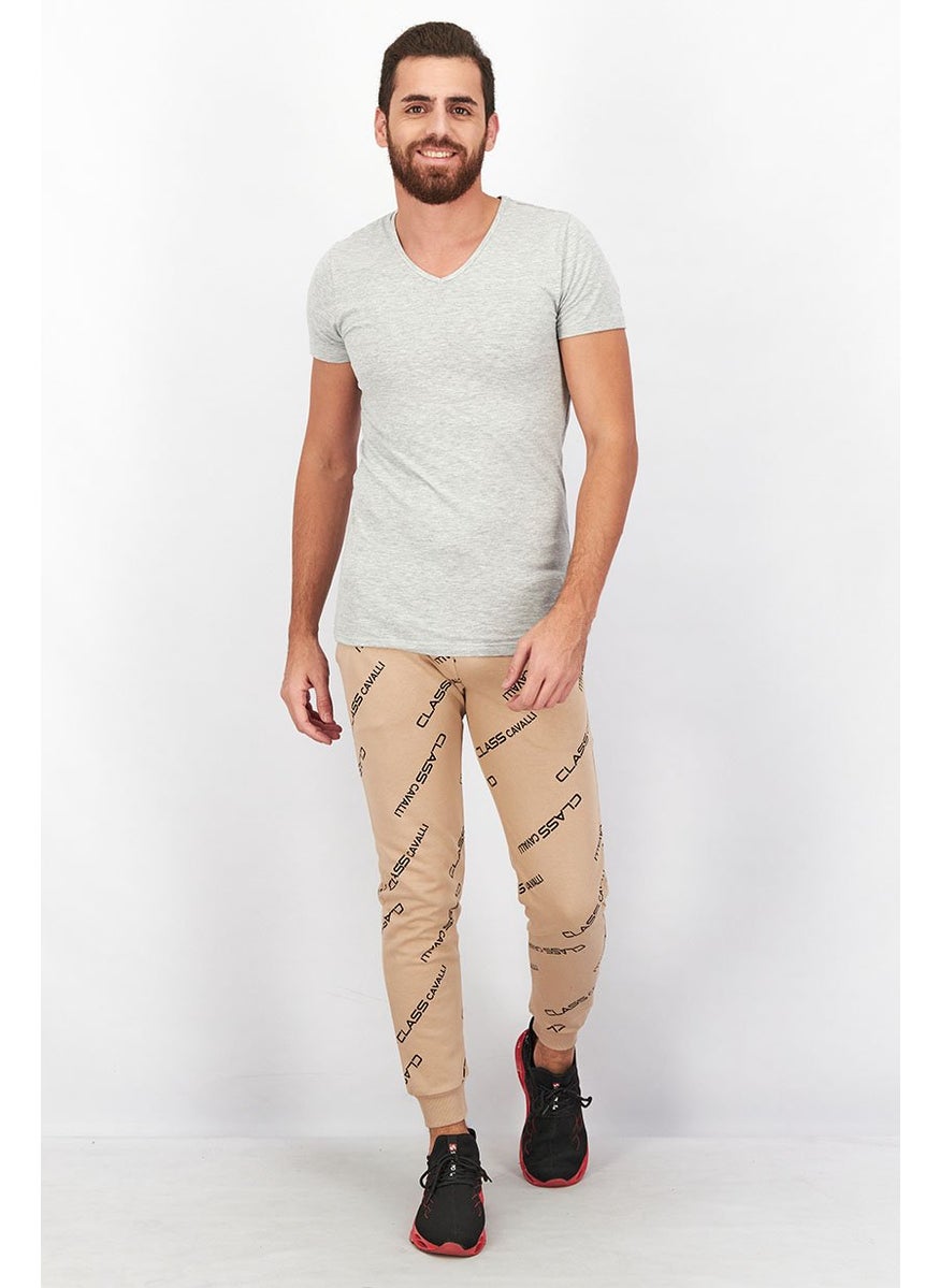 Men Regular Fit Drawstring Brand Logo Pants, Coffee