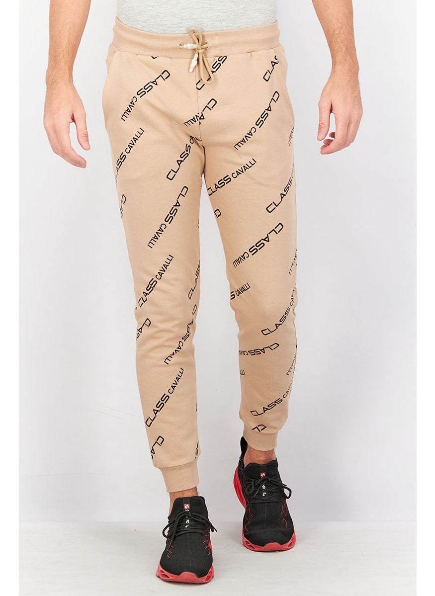 Men Regular Fit Drawstring Brand Logo Pants, Coffee