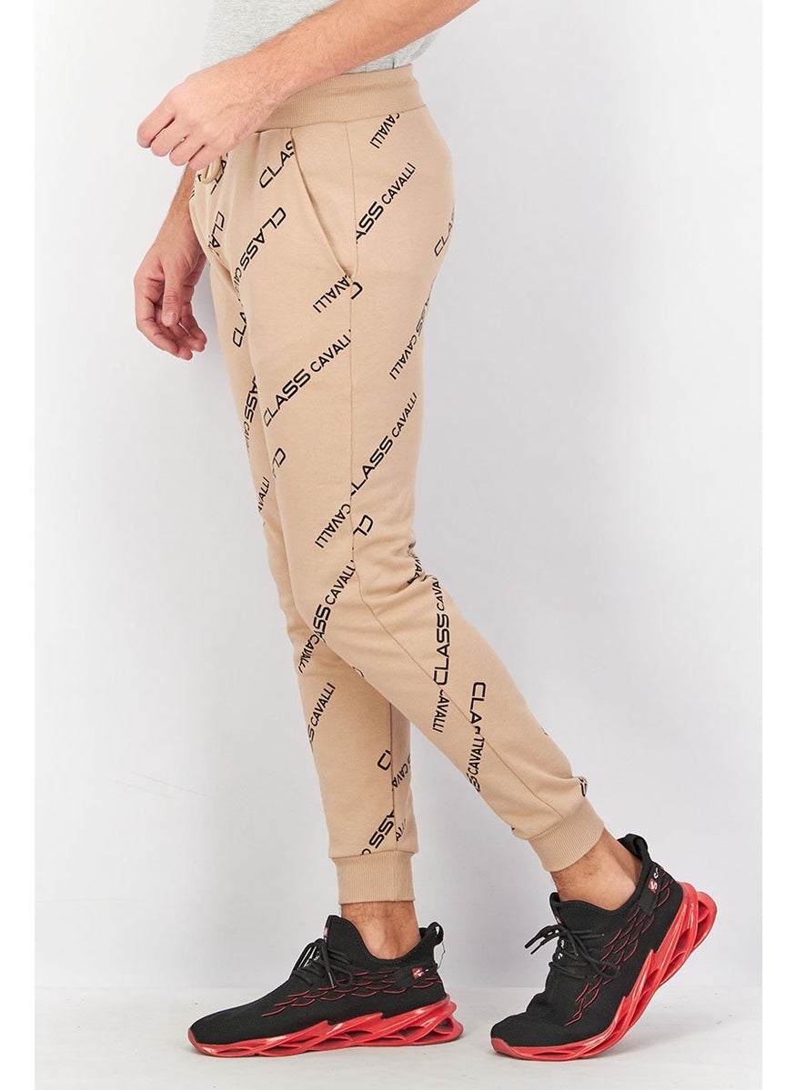 Men Regular Fit Drawstring Brand Logo Pants, Coffee