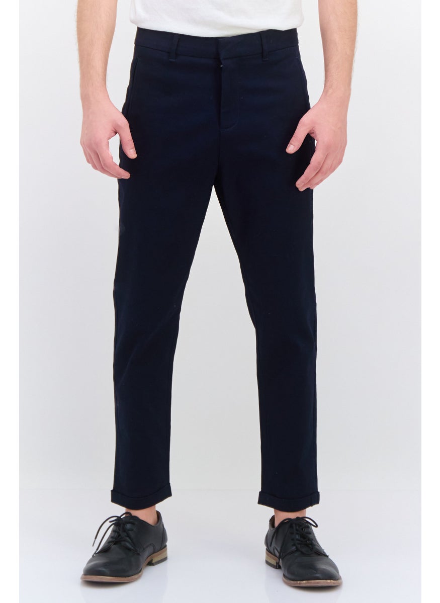 Men Tapered Fit Solid Chino Pants, Navy Blue