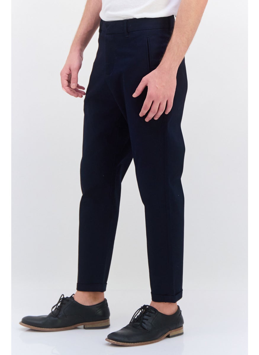 Men Tapered Fit Solid Chino Pants, Navy Blue