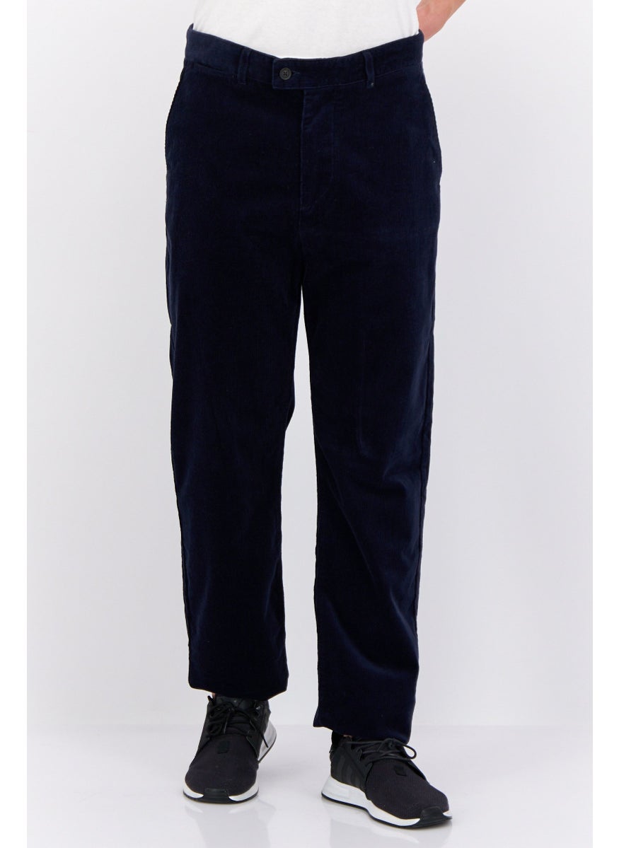Men Regular Fit Solid Corduroy Pants, Navy Blue