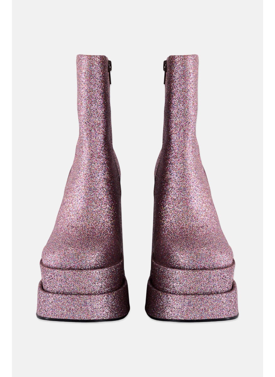 Women Round Toe Block Heel Zip-up Dress Boots, Purple Multi