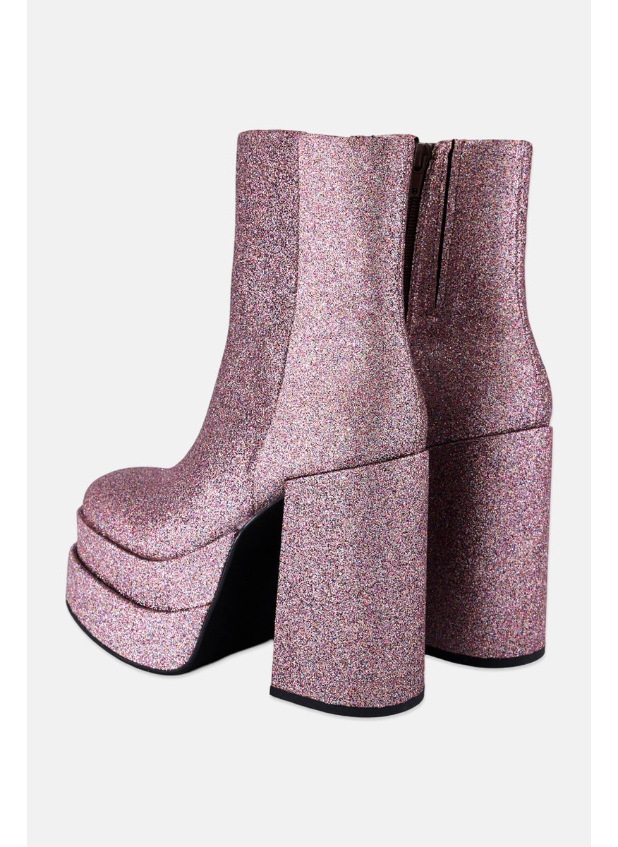 Women Round Toe Block Heel Zip-up Dress Boots, Purple Multi