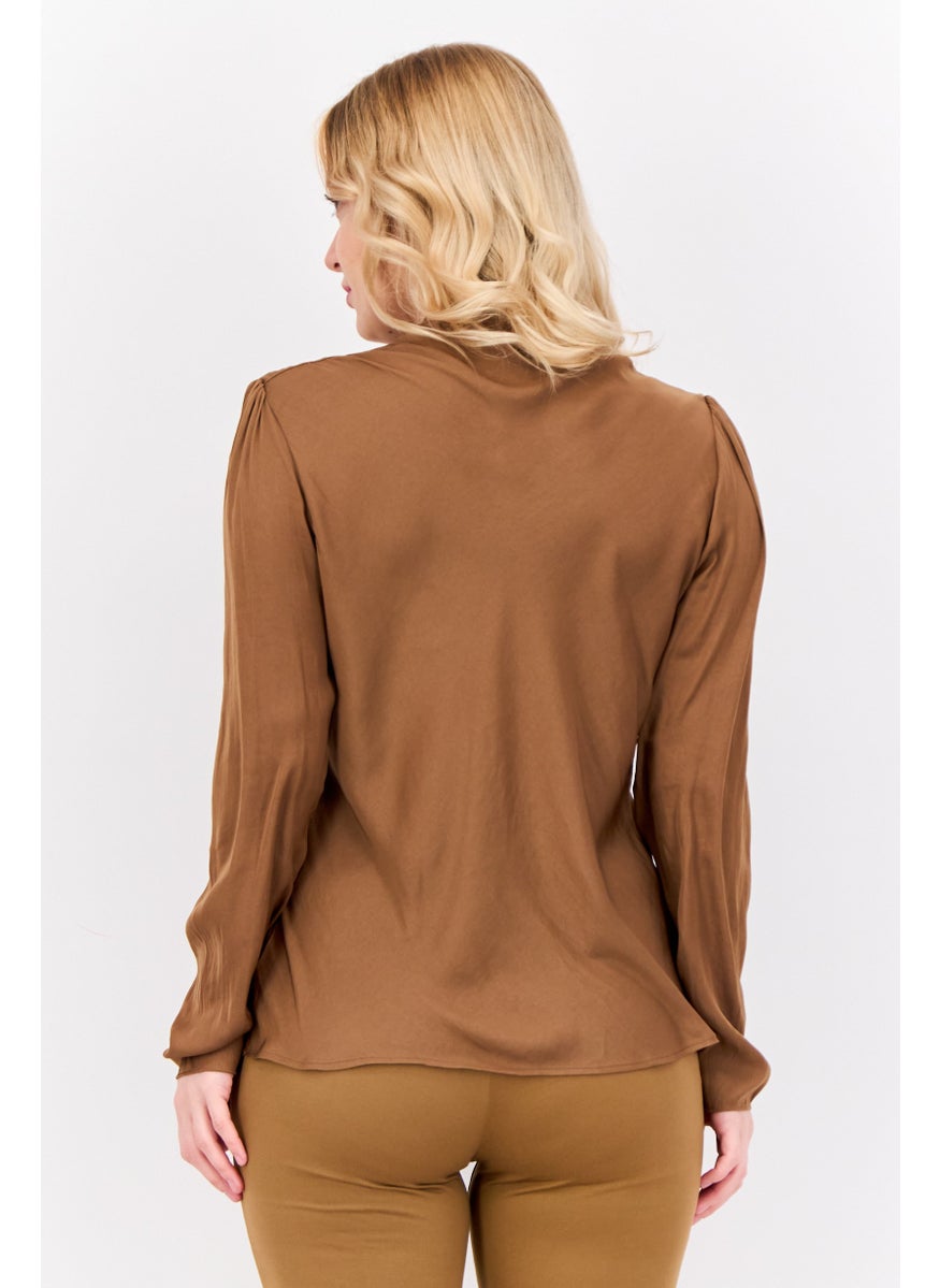 Women Mock Neck Long Sleeves Satin Plain Top, Dark Brown