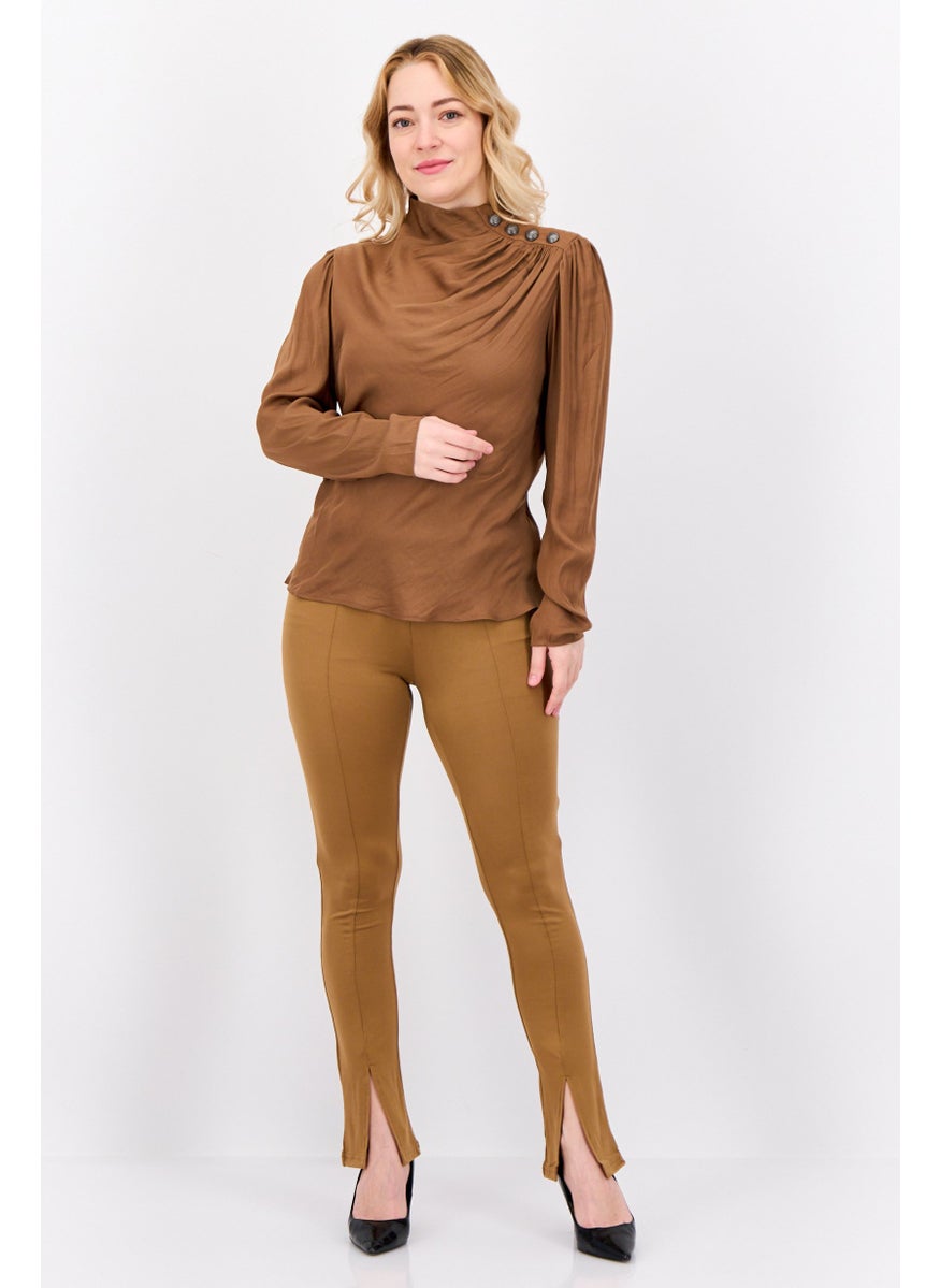 Women Mock Neck Long Sleeves Satin Plain Top, Dark Brown