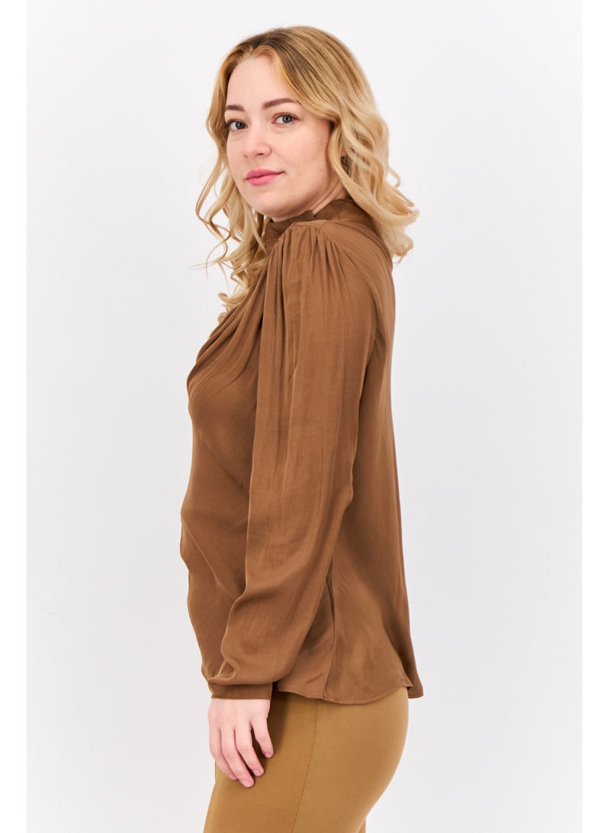 Women Mock Neck Long Sleeves Satin Plain Top, Dark Brown