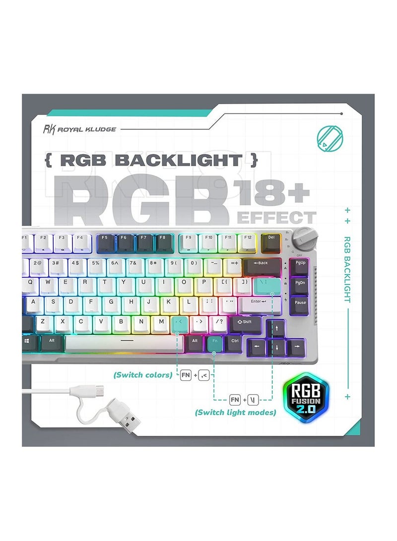 RK Royal Kludge RK H81 81 Keys Tri-Mode with Knob Control RGB Wireless Mechanical Keyboard White Night - Sky cyan Switch