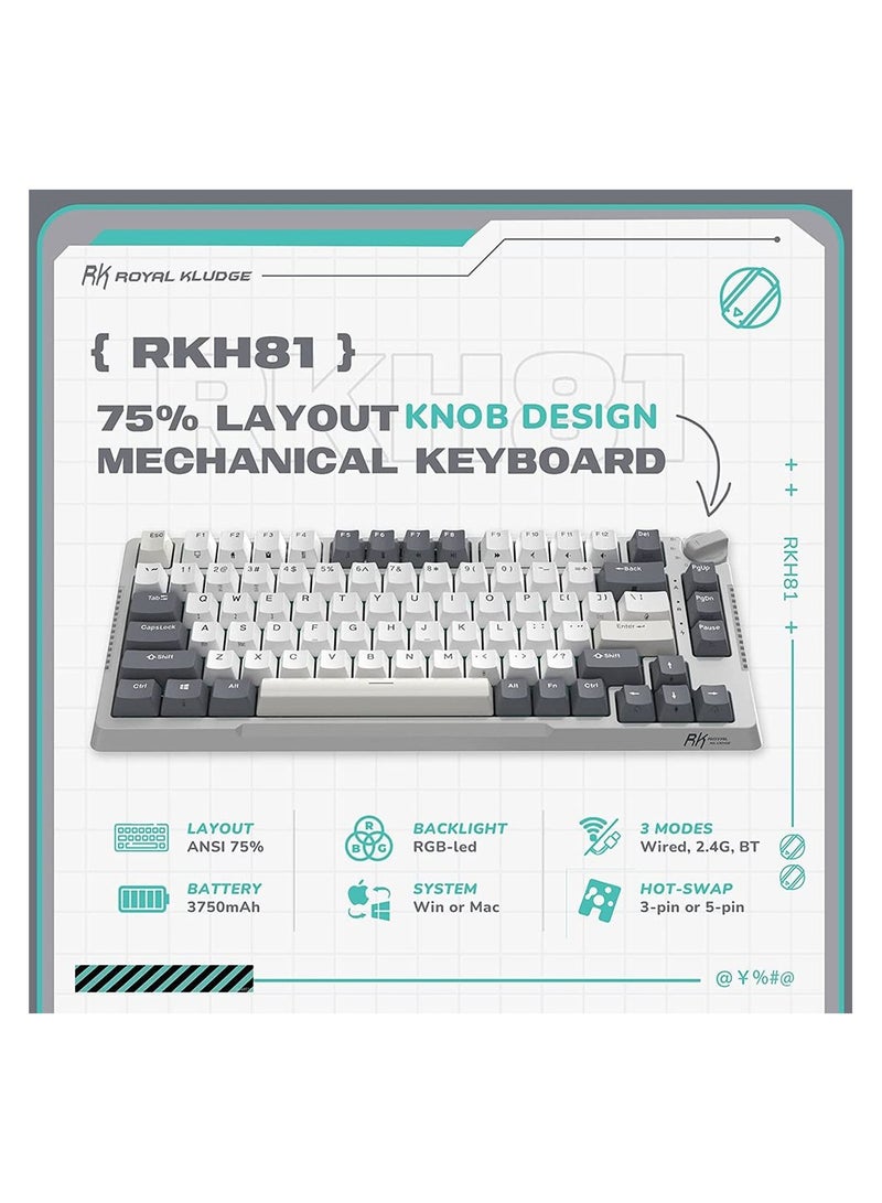 RK Royal Kludge RK H81 81 Keys Tri-Mode with Knob Control RGB Wireless Mechanical Keyboard White Night - Sky cyan Switch
