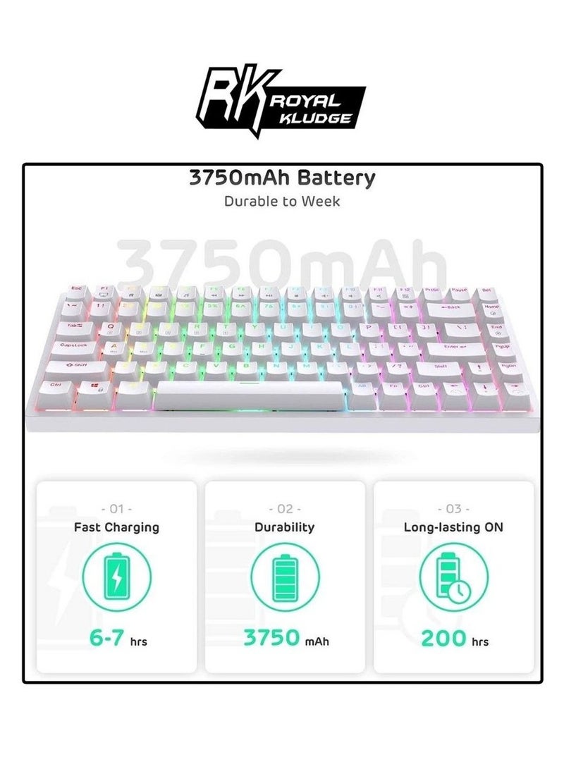 ROYAL KLUDGE RK84 TRI-MODE RGB 84 KEYS HOT SWAPPABLE MECHANICAL KEYBOARD WHITE (BROWN SWITCH)