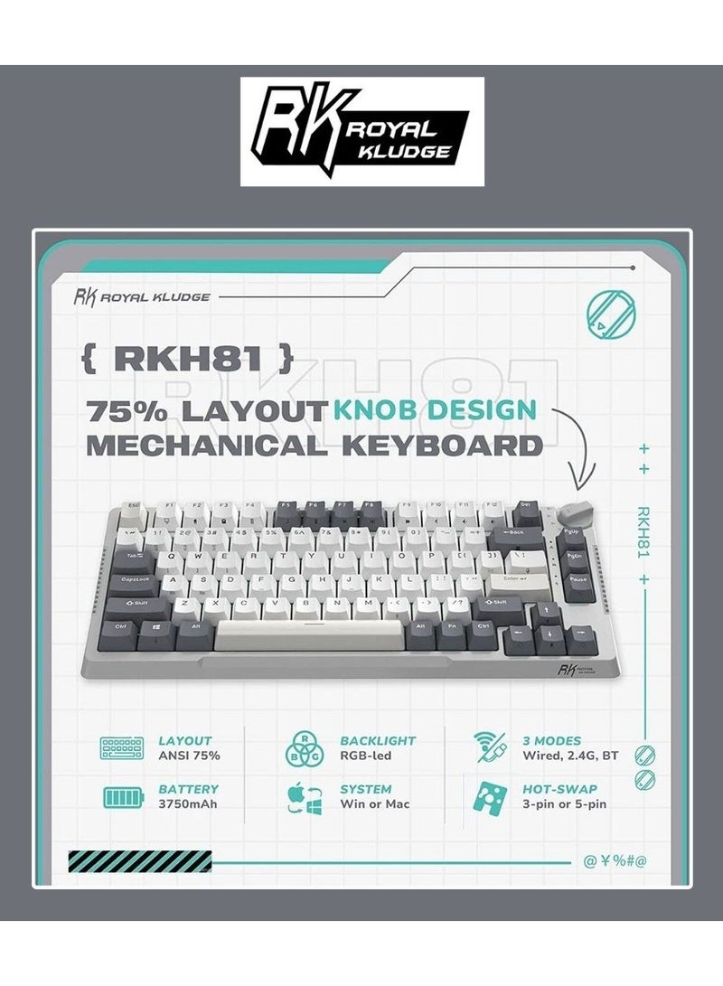 RK Royal Kludge RK H81 81 Keys Tri-Mode with Knob Control RGB Wireless Mechanical Keyboard White Night- Brown Switch