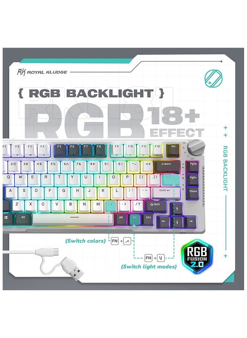 RK Royal Kludge RK H81 81 Keys Tri-Mode with Knob Control RGB Wireless Mechanical Keyboard White Night- Brown Switch