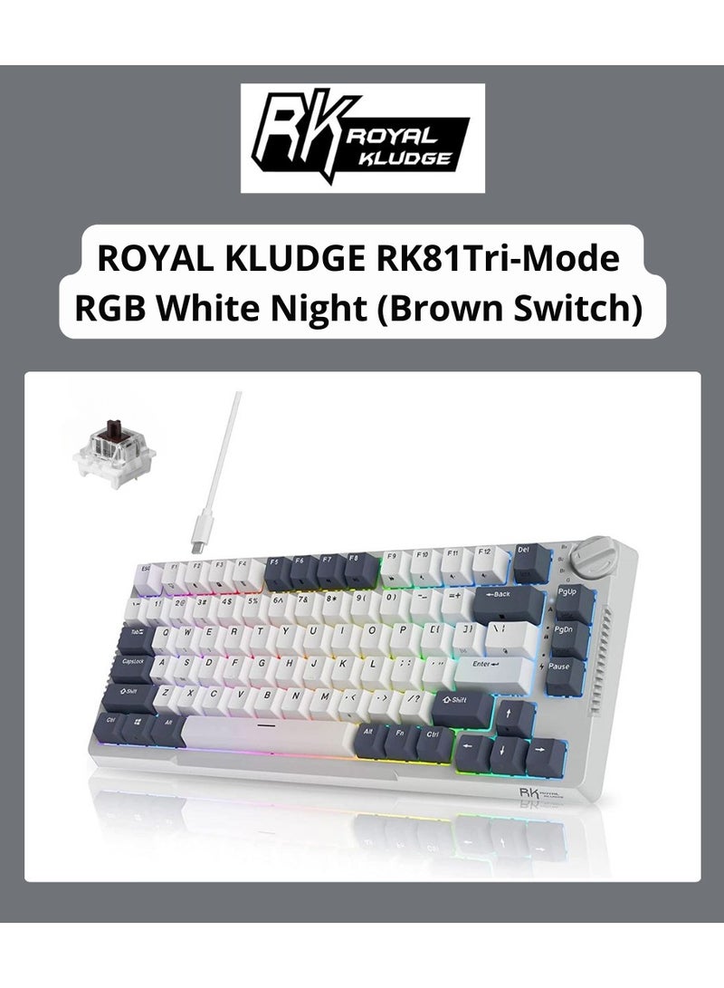 RK Royal Kludge RK H81 81 Keys Tri-Mode with Knob Control RGB Wireless Mechanical Keyboard White Night- Brown Switch