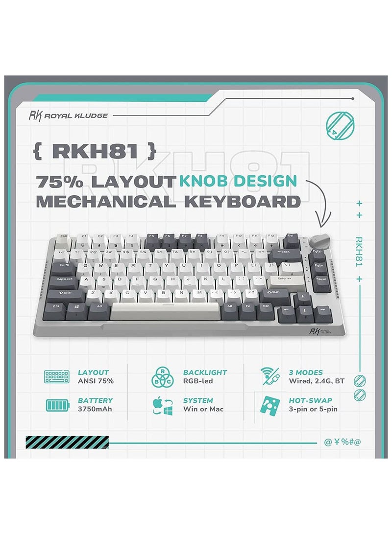 RK Royal Kludge RK H81 81 Keys Tri-Mode with Knob Control RGB Wireless Mechanical Keyboard White Night- Brown Switch