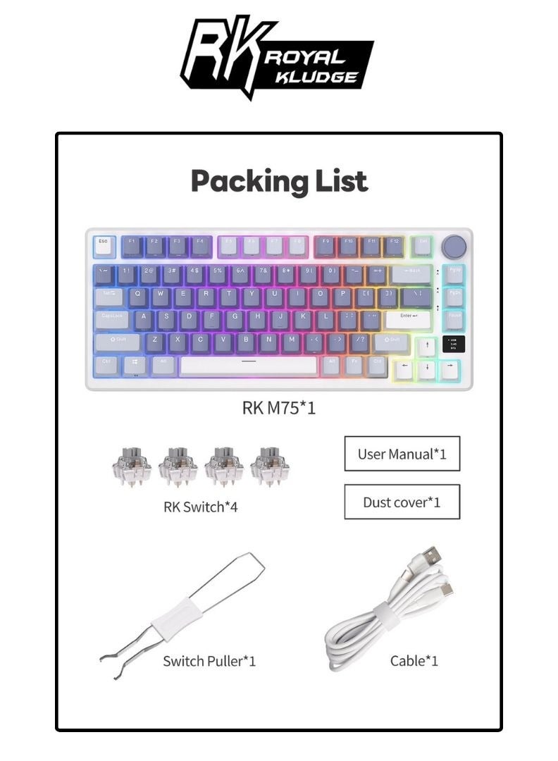 Royal Kludge RKM75 - RGB Mechanical Gaming Keyboard - With Display - Foam Touch - Ocean Blue - Bluetooth - Hot Swappable Switch - Silver Switches - Includes Dust Cover