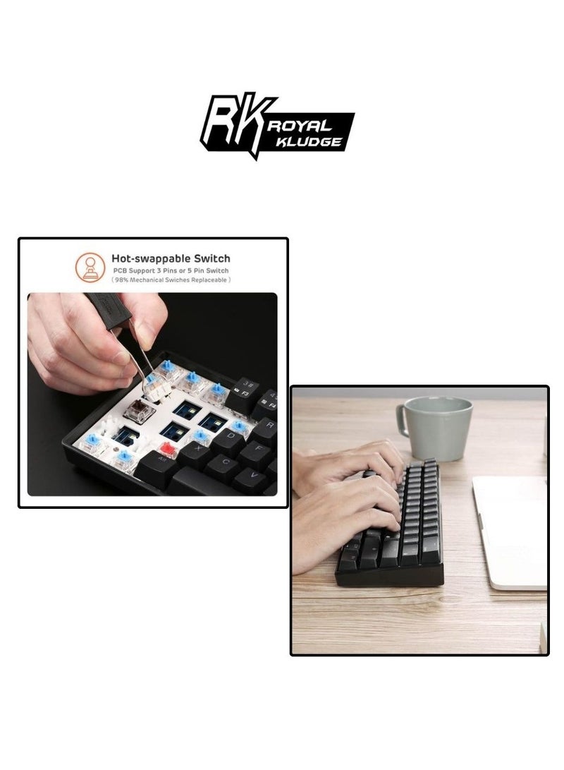 Royal Kludge Rk61 Tri-Mode RGB 61 Keys Hot Swappable Black Mechanical Keyboard - Blue Switch