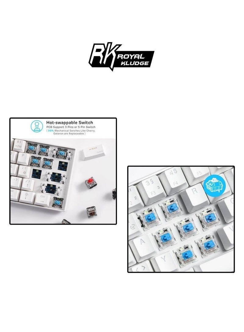 Royal Kludge Rk61 Tri-Mode RGB 61 Keys Hot Swappable White Mechanical Keyboard (Blue Switch)