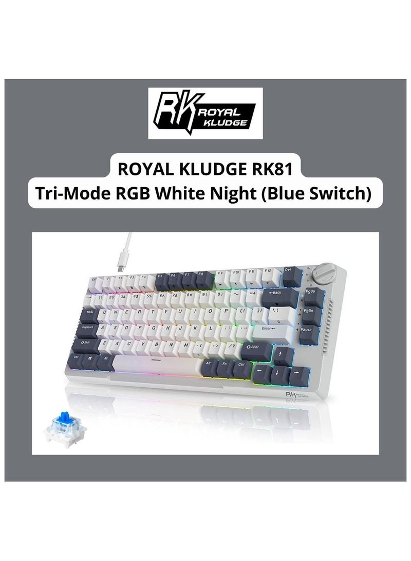 RK Royal Kludge RK H81 81 Keys Tri-Mode with Knob Control RGB Wireless Mechanical Keyboard White Night  - Blue Switch