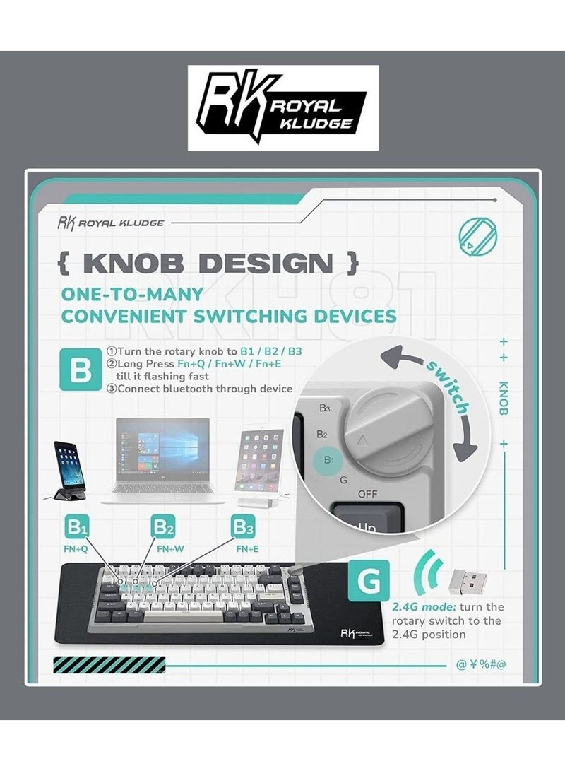 RK Royal Kludge RK H81 81 Keys Tri-Mode with Knob Control RGB Wireless Mechanical Keyboard White Night  - Blue Switch