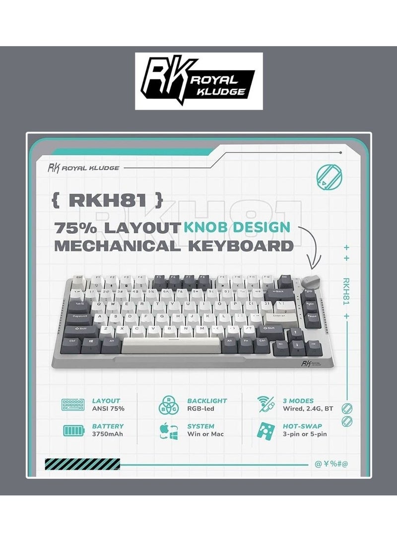 RK Royal Kludge RK H81 81 Keys Tri-Mode with Knob Control RGB Wireless Mechanical Keyboard White Night  - Blue Switch