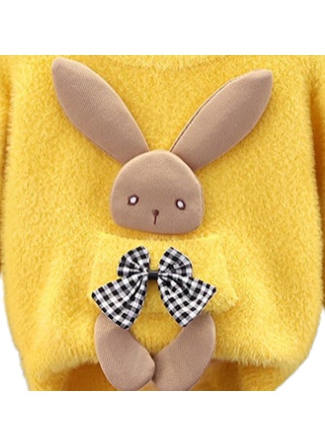 Yellow with 3d Bunny Kids Cardigan Sweater, Round Neck