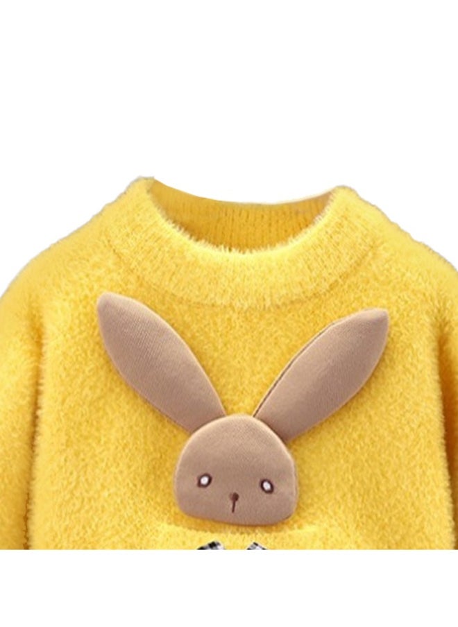 Yellow with 3d Bunny Kids Cardigan Sweater, Round Neck