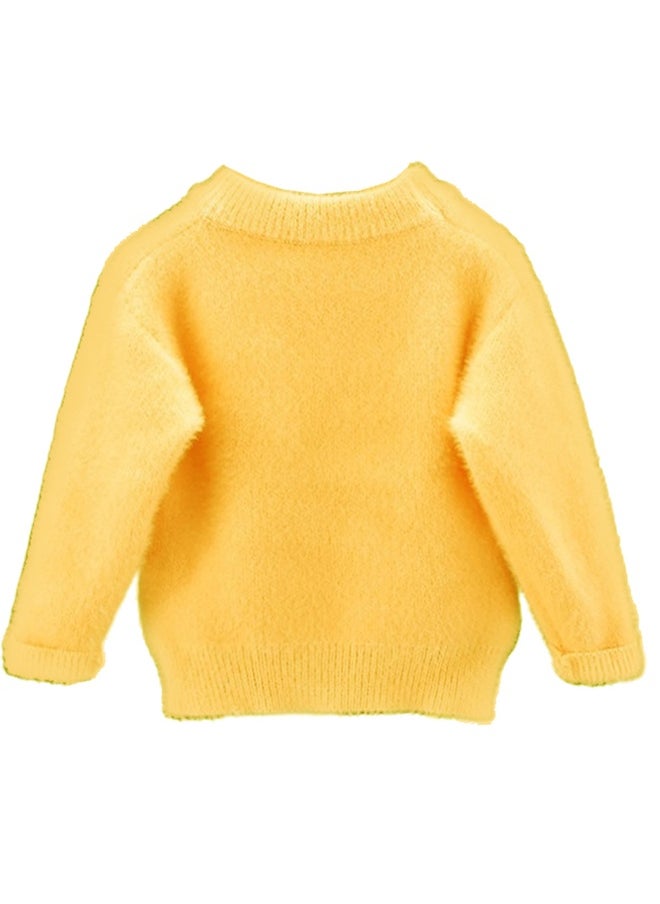 Yellow with 3d Bunny Kids Cardigan Sweater, Round Neck