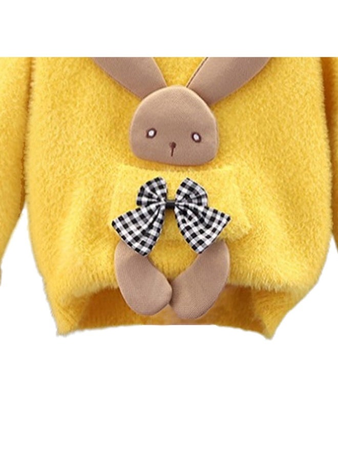 Yellow with 3d Bunny Kids Cardigan Sweater, Round Neck